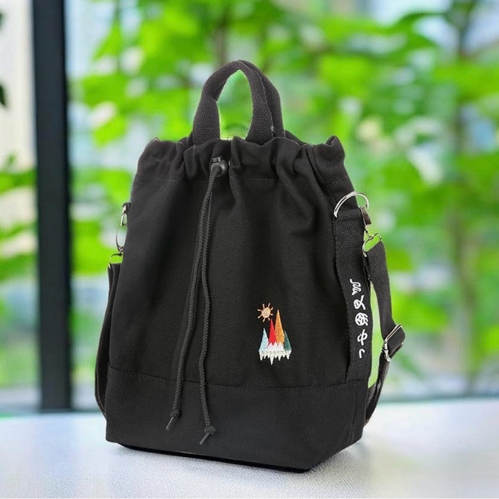Black Canvas Backpack with Drawstring Closure